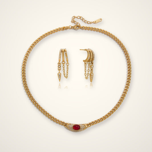 Alboran Gift Set: Crimson Halo necklace and Cascading Crystal huggie earrings