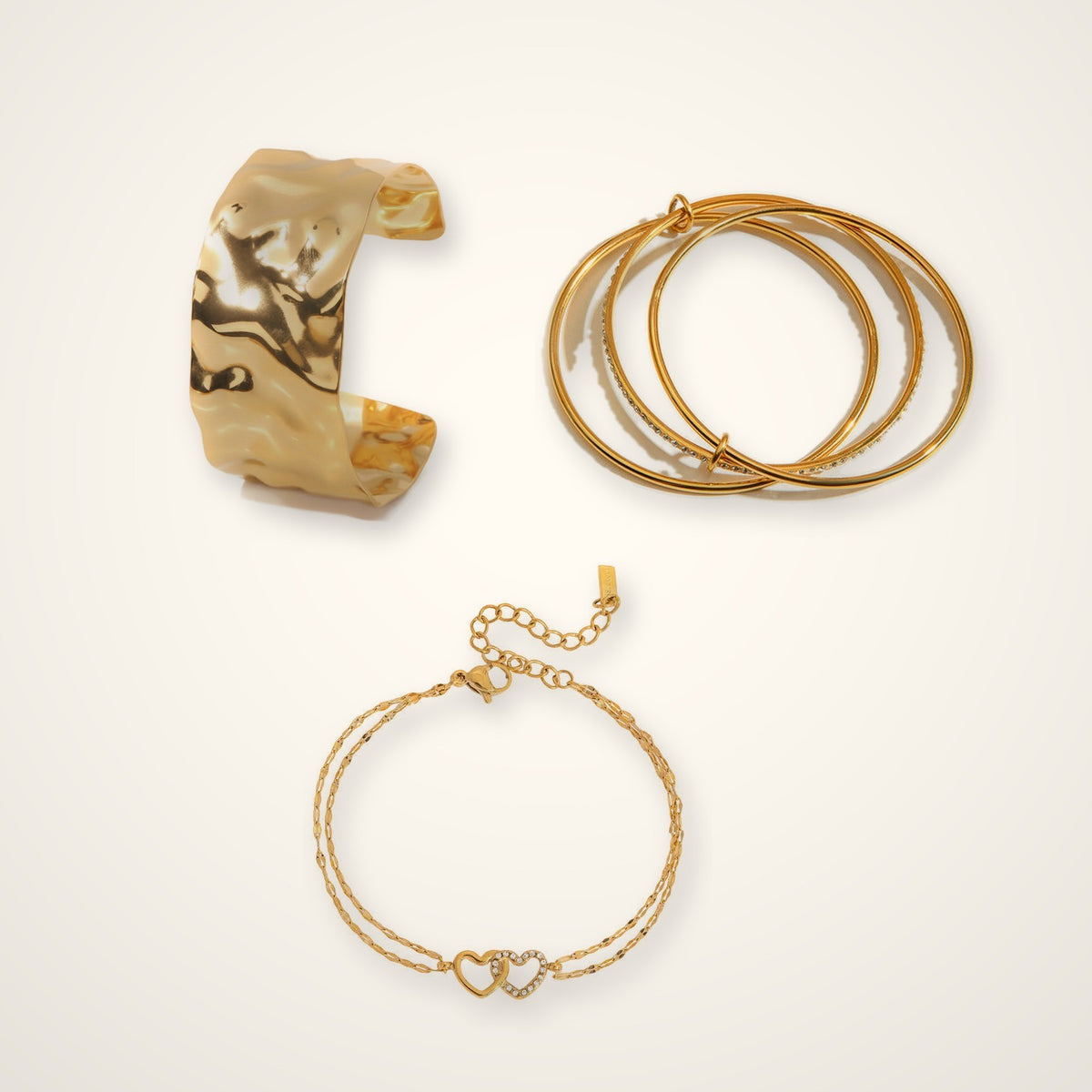 The Everyday Stack: Solana cuff, Tideline linked bangle and Cala Twin Hearts bracelet