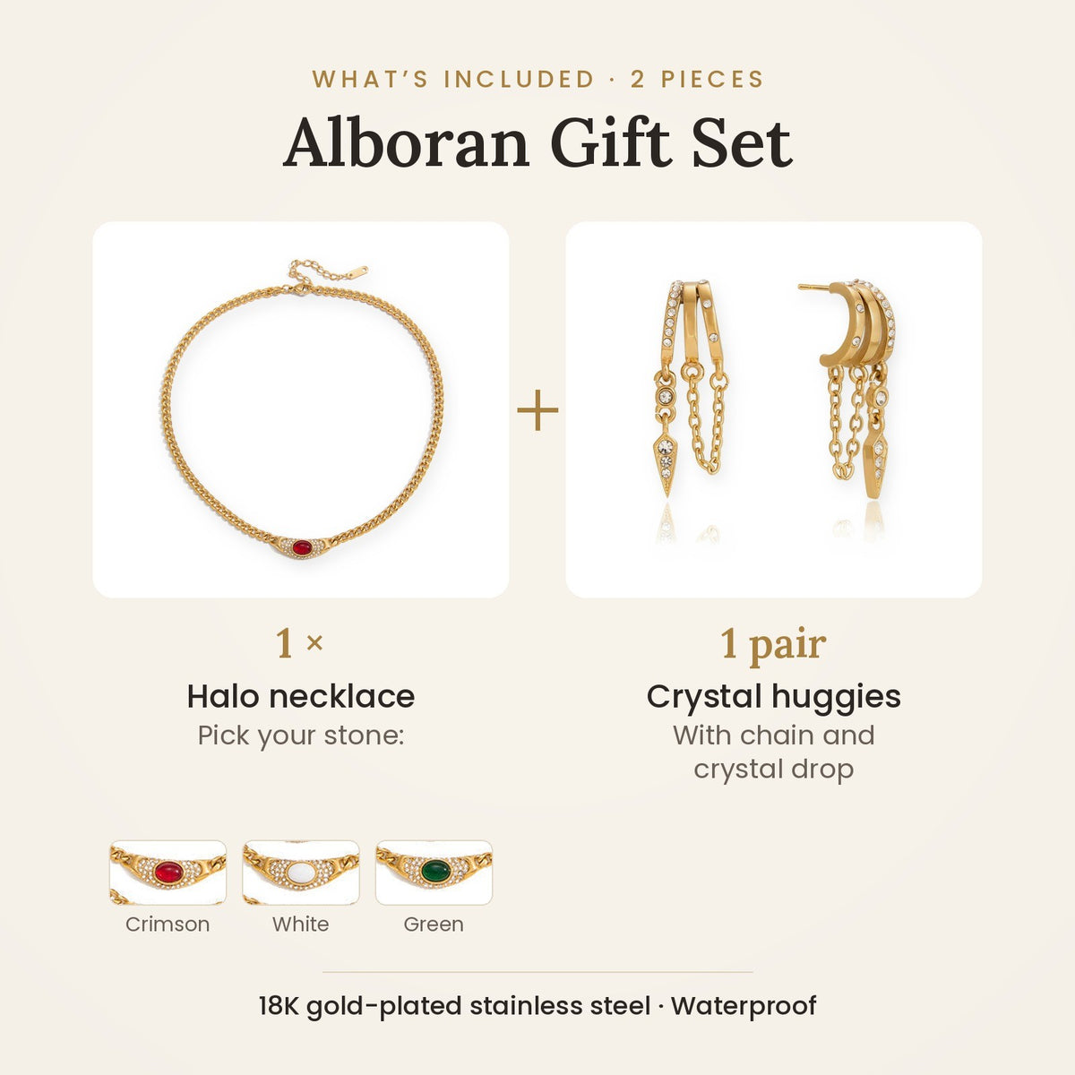What is included in the Alboran Gift Set: 1 necklace and 1 pair of huggies, stone in crimson, white or green