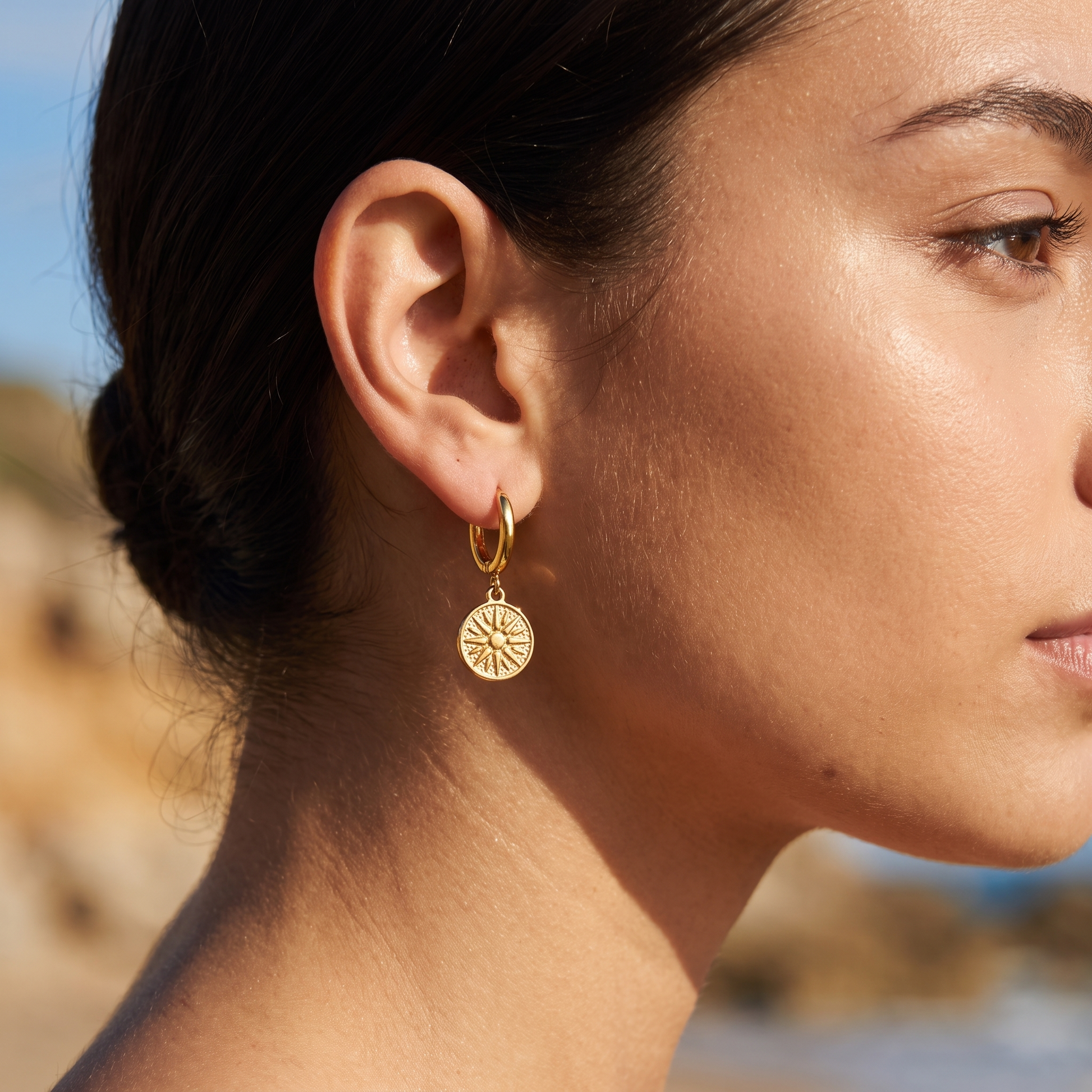 Asea Mini Sun Hoop Earrings — worn by model