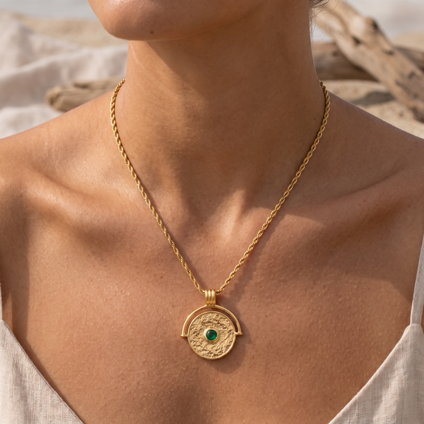 Asea Amara Coin Necklace — worn by model