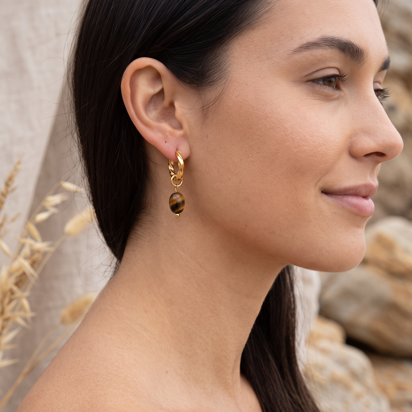 Asea Tiger Eye Drop Huggies — worn by model