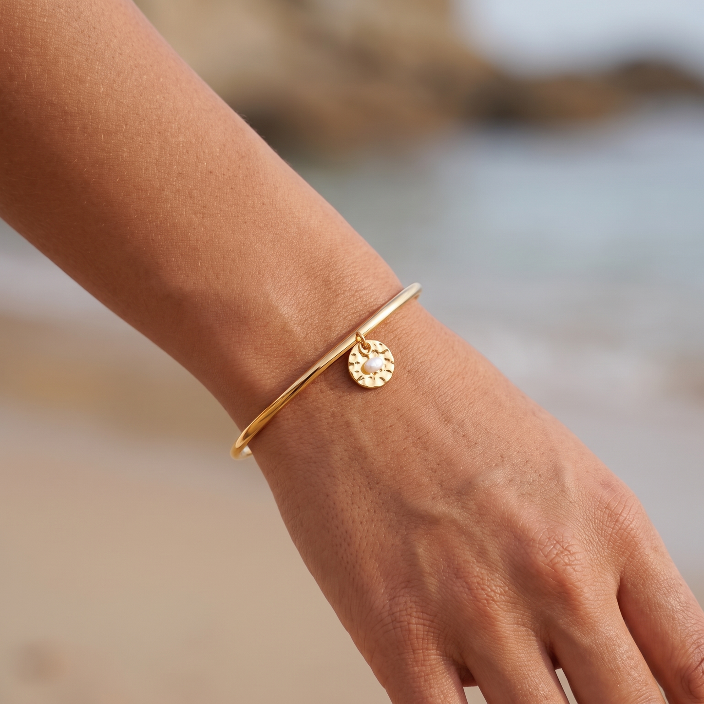 Asea Islet Hammered Pearl Bangle — worn by model