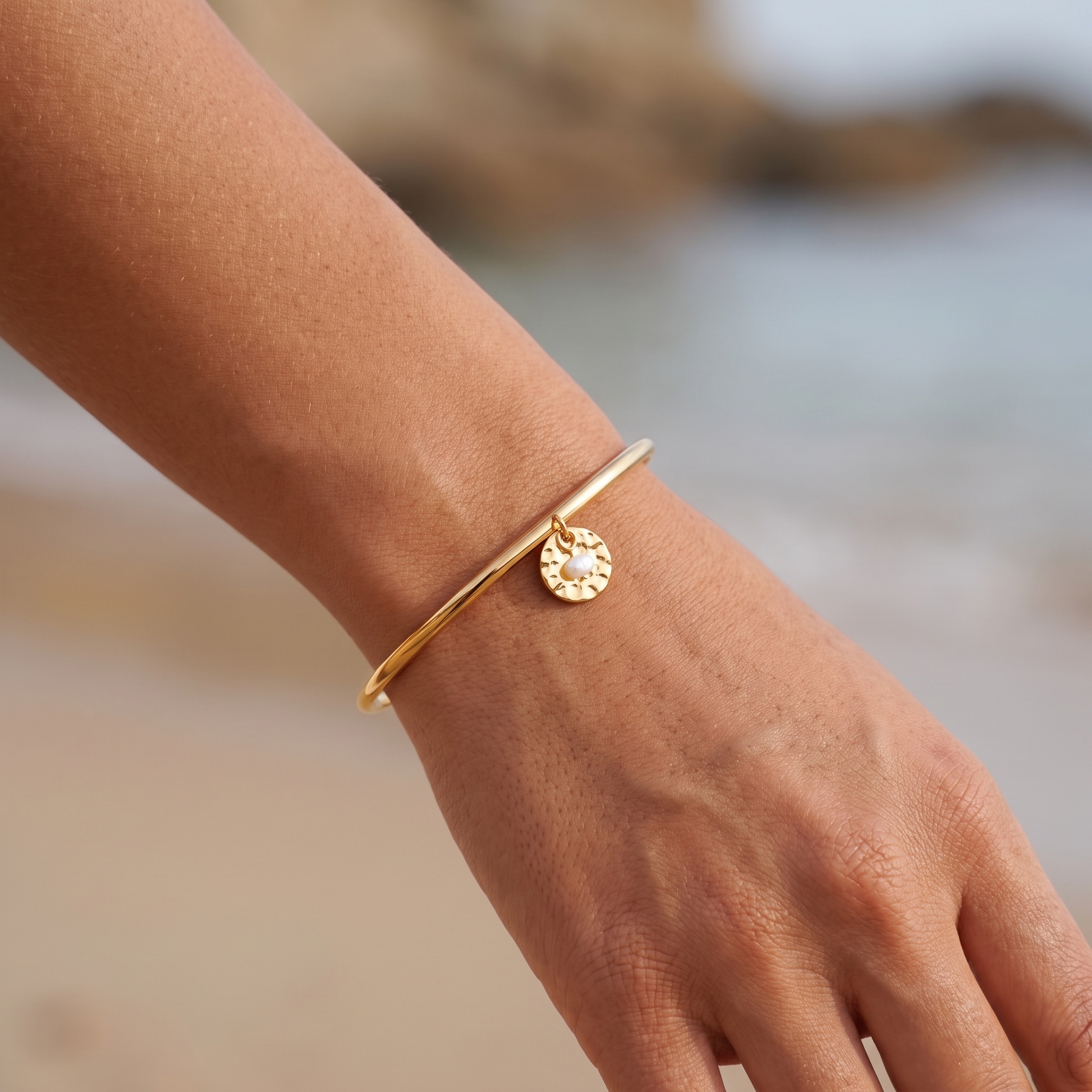 Asea Islet Hammered Pearl Bangle — worn by model