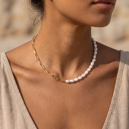 Asea Menorca Pearl Paperclip Necklace — worn by model