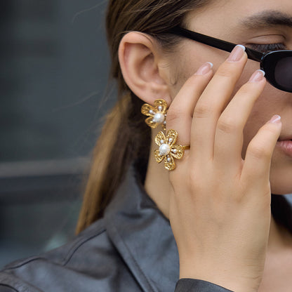 Marisol Hammered Floral Pearl Earrings