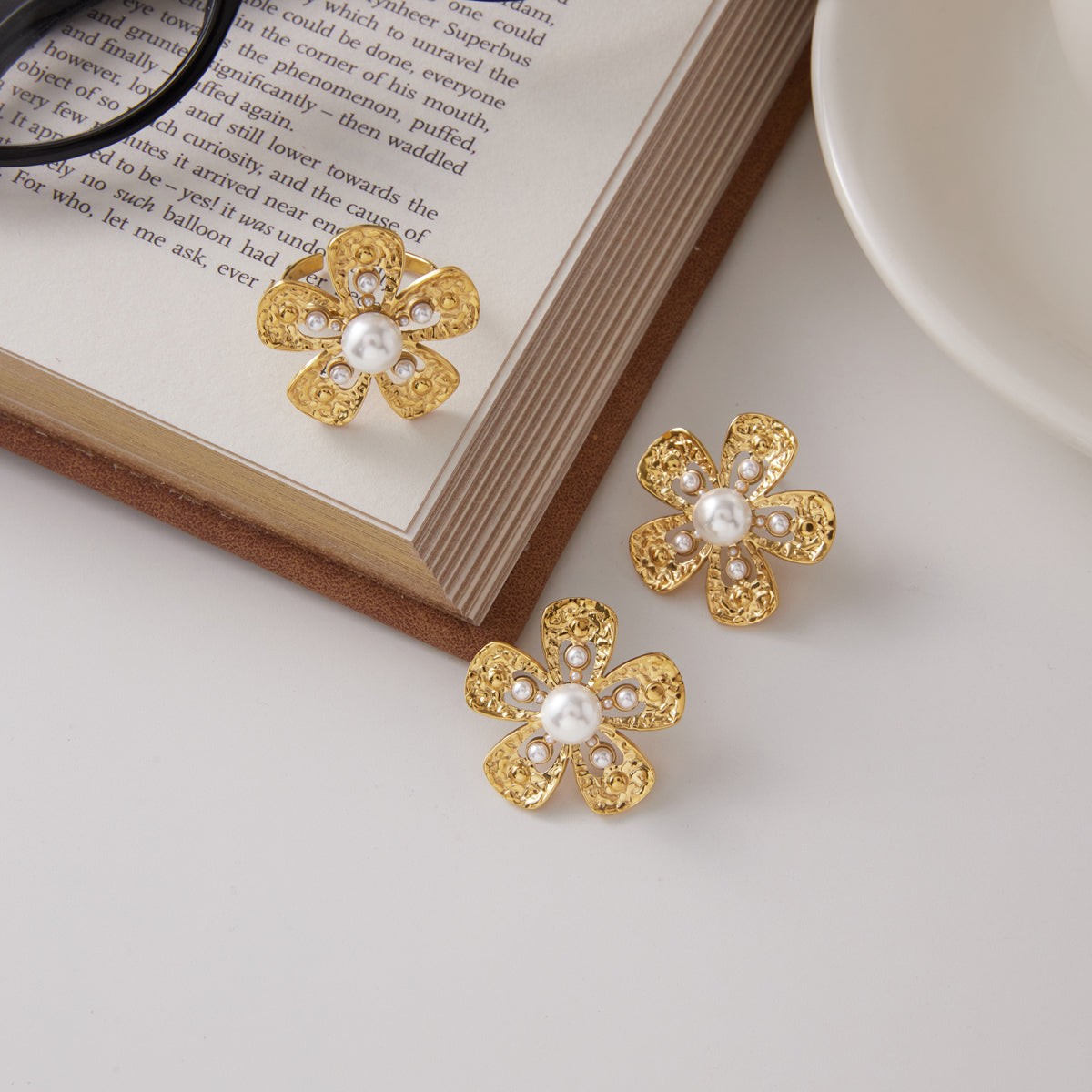 Marisol Hammered Floral Pearl Earrings