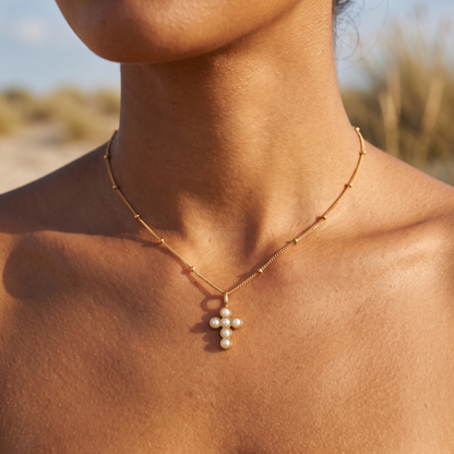 Asea Beaded Pearl Cross Necklace — worn by model