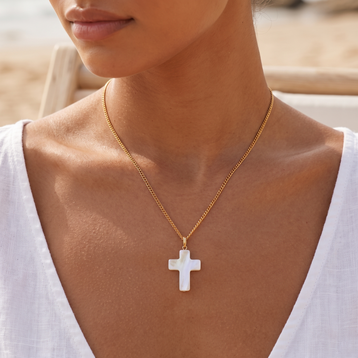 Asea Mother-of-Pearl Cross Pendant Necklace — worn by model