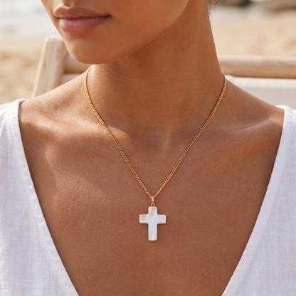 Asea Mother-of-Pearl Cross Pendant Necklace — worn by model