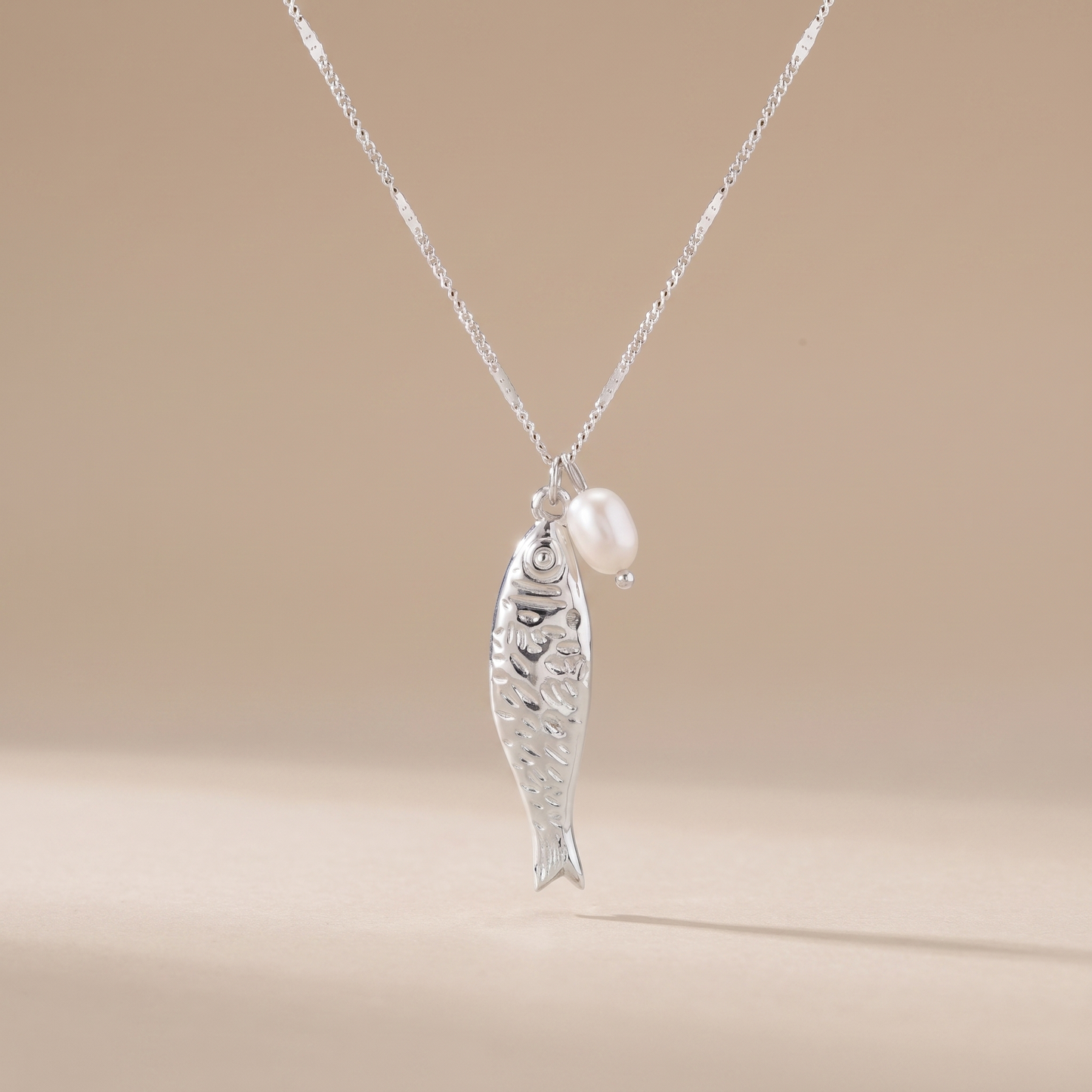 Asea Fish Charm Pearl Necklace — Silver Color