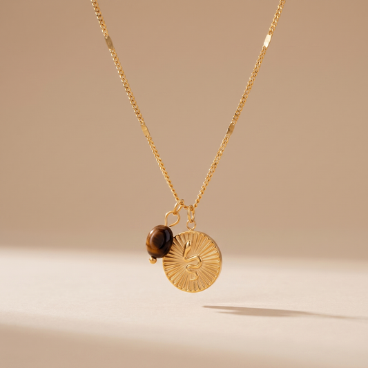 Asea Gold Snake & Tiger Eye Necklace — front view