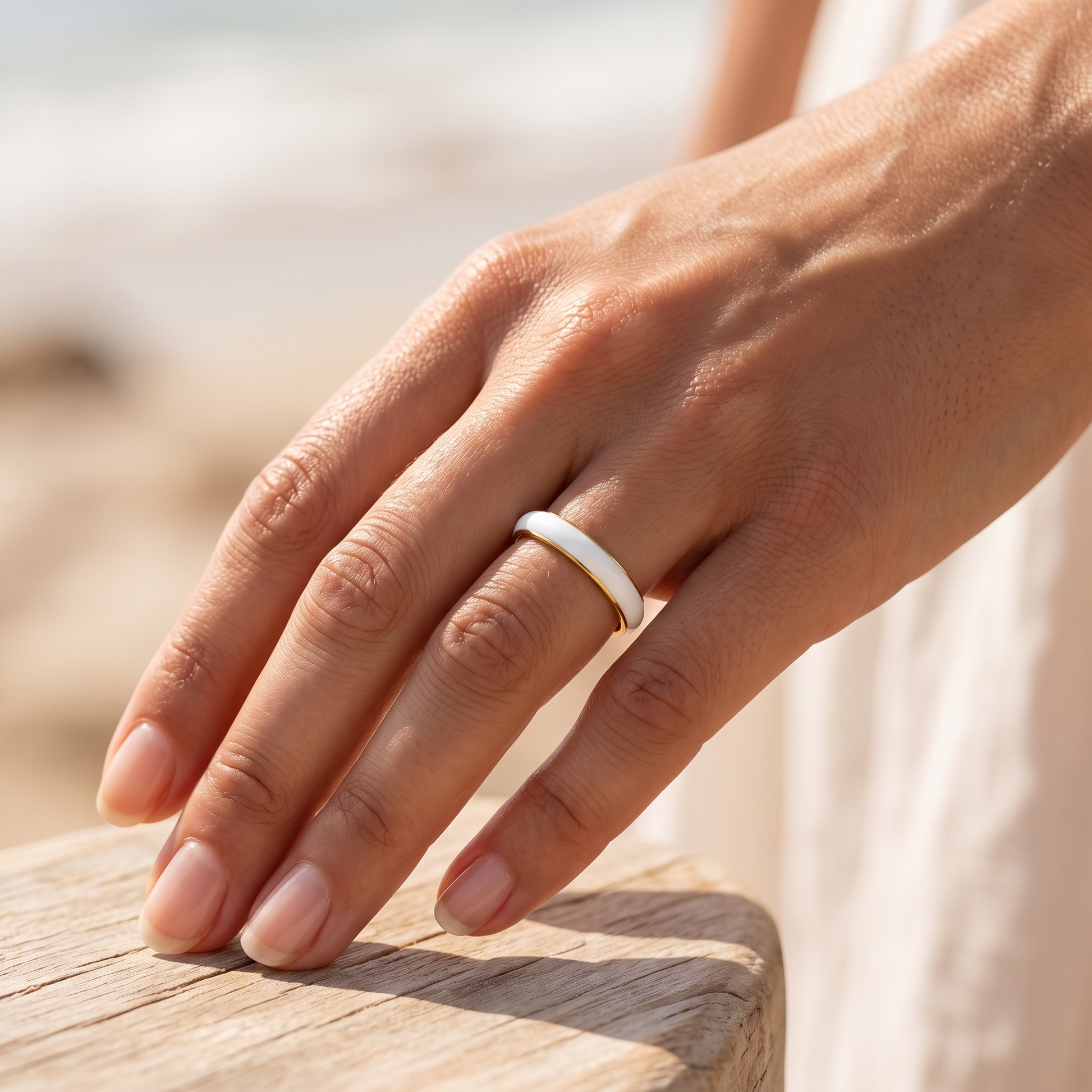Asea White Enamel Stacker Ring — worn by model