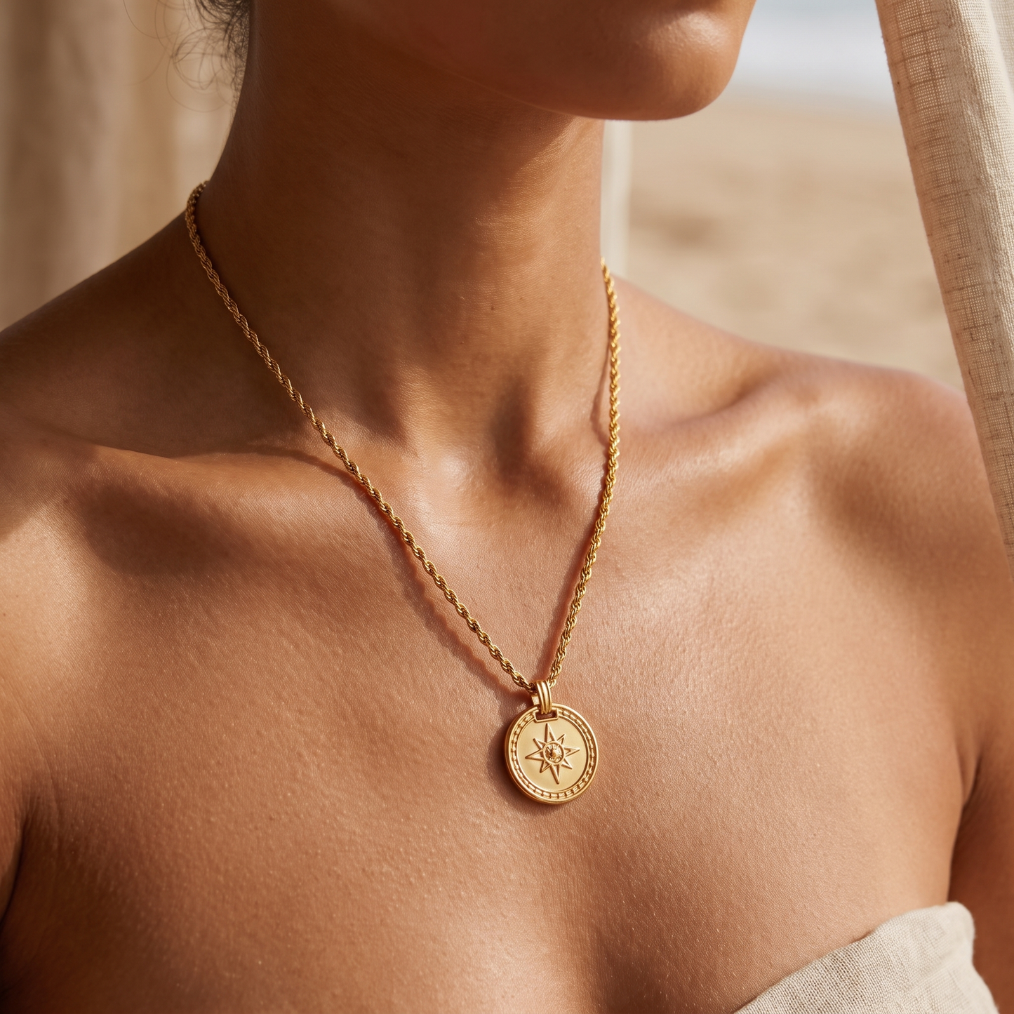 Asea Gold Compass Pendant Necklace — worn by model