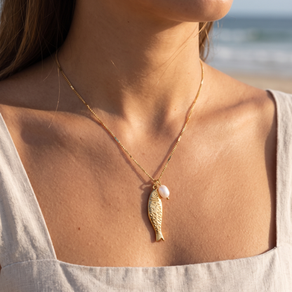 Asea Fish Charm Pearl Necklace — worn by model
