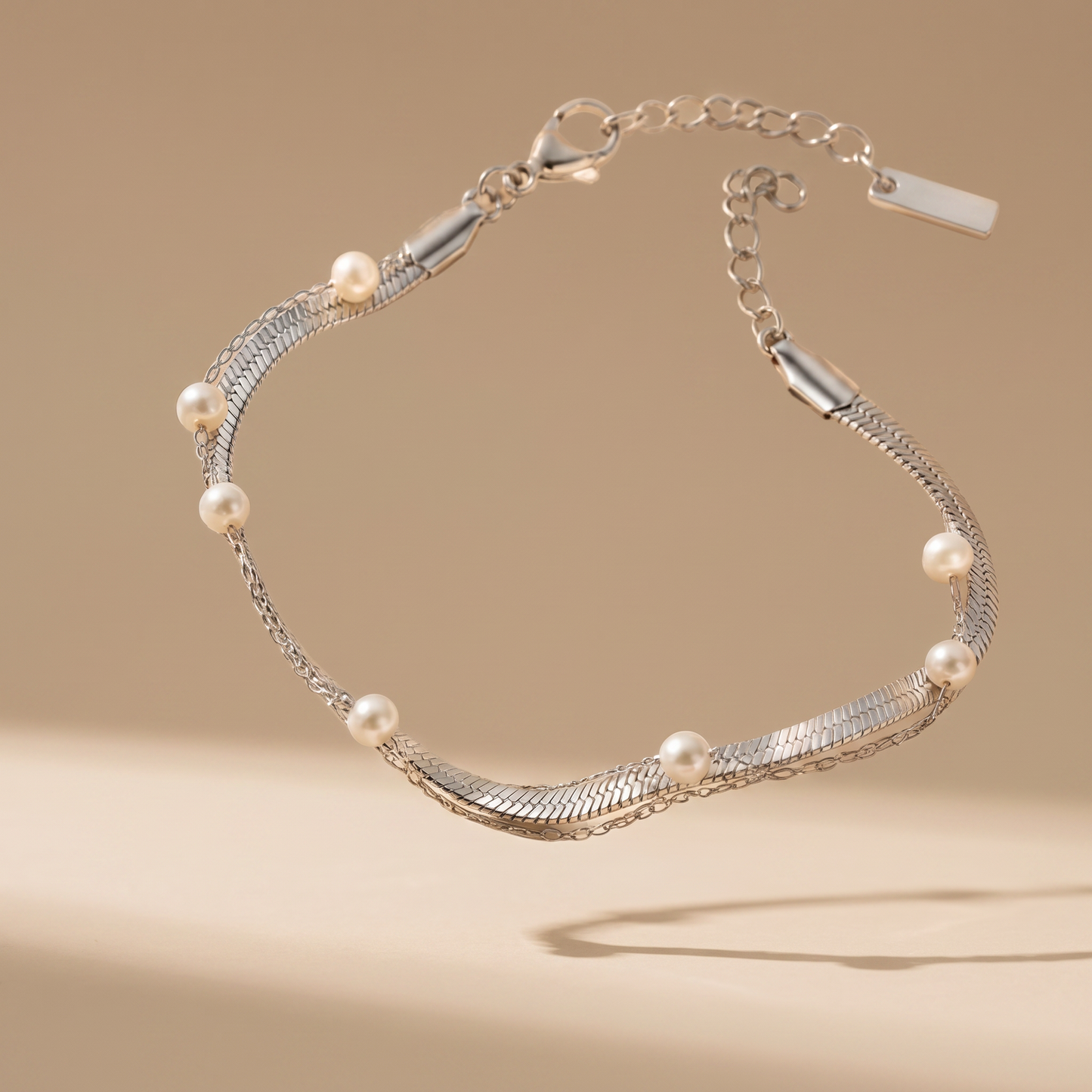 Asea Cabrera Pearl & Herringbone Bracelet — Silver color