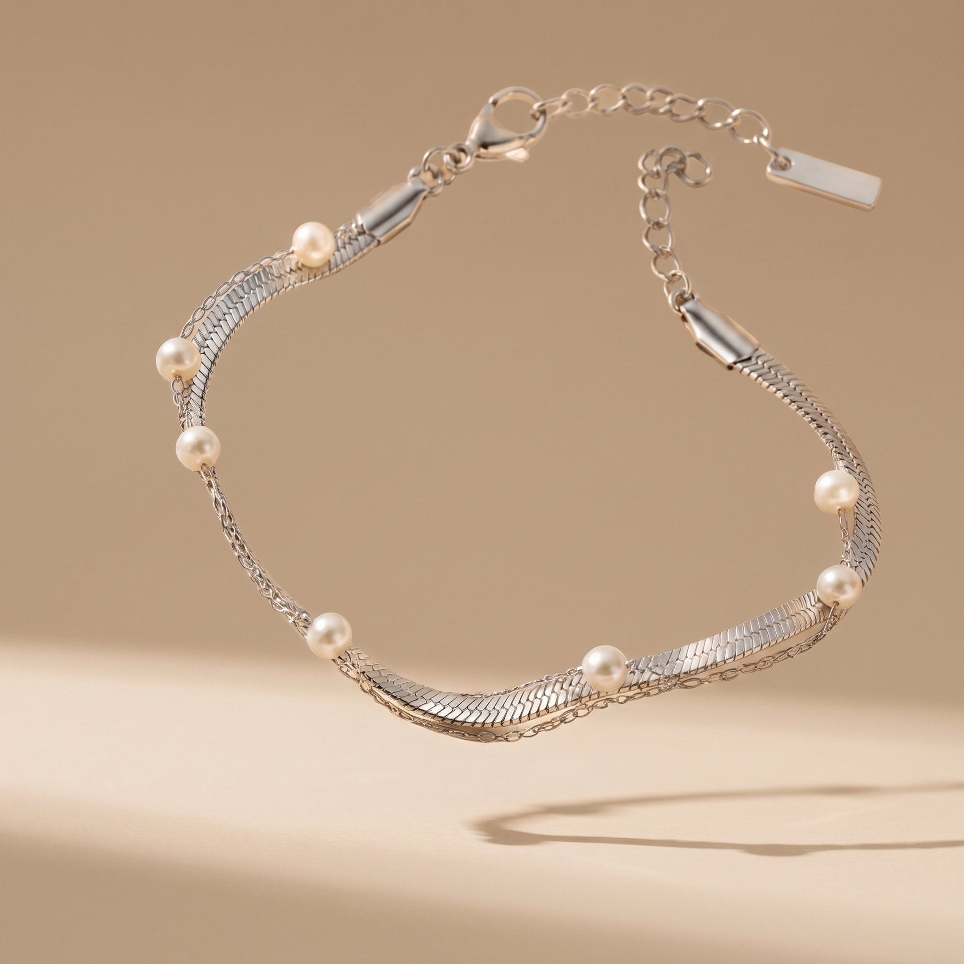 Asea Cabrera Pearl & Herringbone Bracelet — Silver color