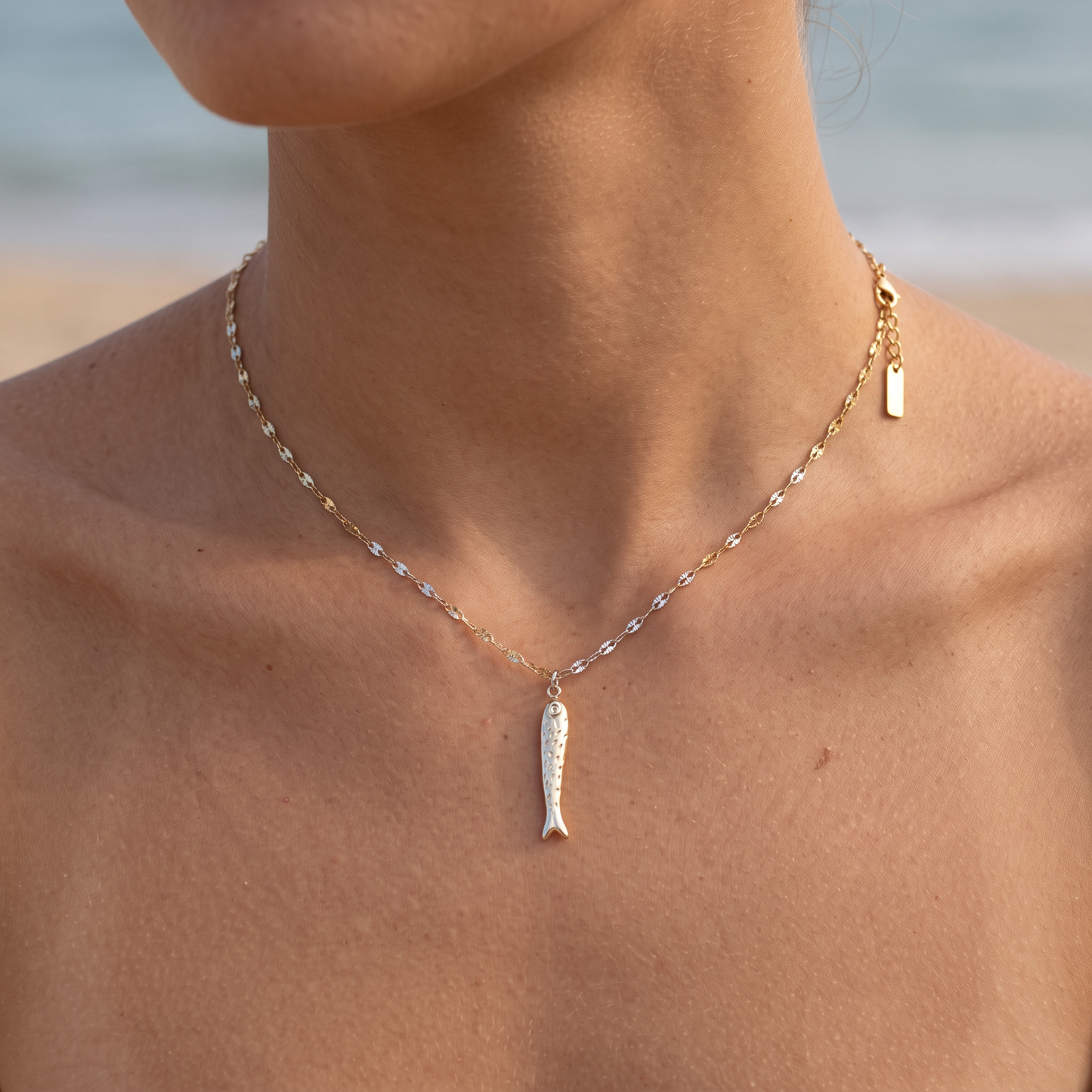 Asea Lucky Fish Charm Necklace — worn by model