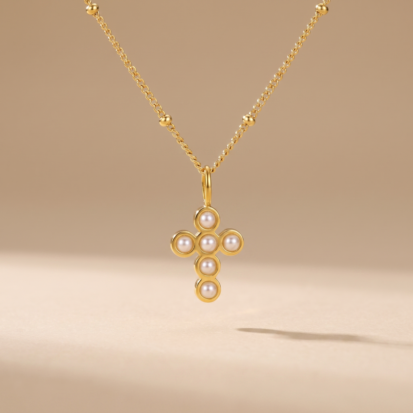Asea Beaded Pearl Cross Necklace — front view