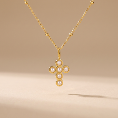 Asea Beaded Pearl Cross Necklace — front view