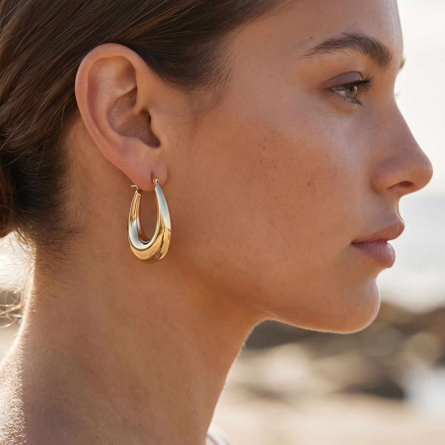 Asea Golden Drop Earrings — worn by model