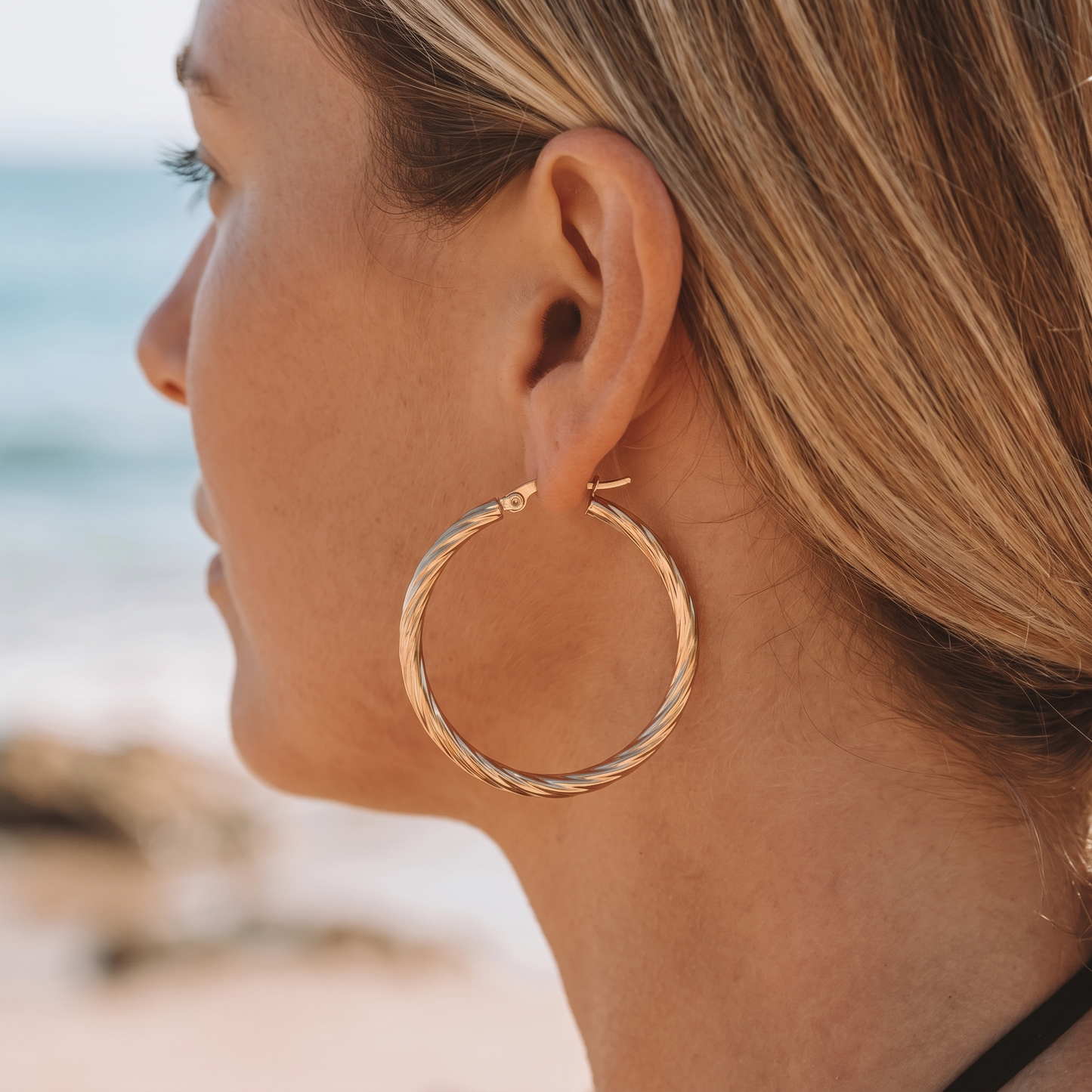 Asea Twisted Statement Hoops — worn by model