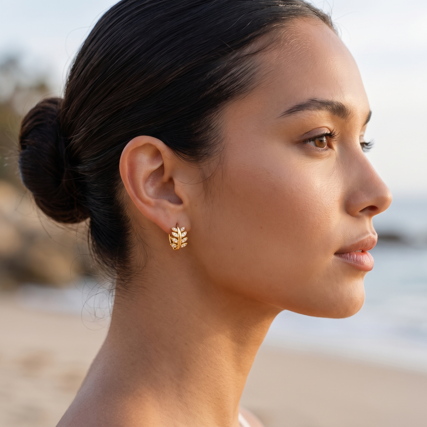 Asea Laurel Huggie Hoops — worn by model