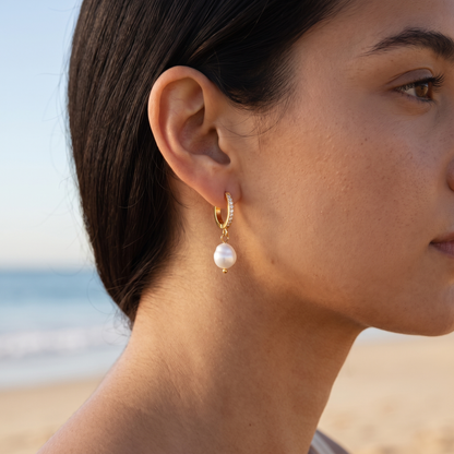 Asea Freshwater Pearl Drop Hoops — worn by model