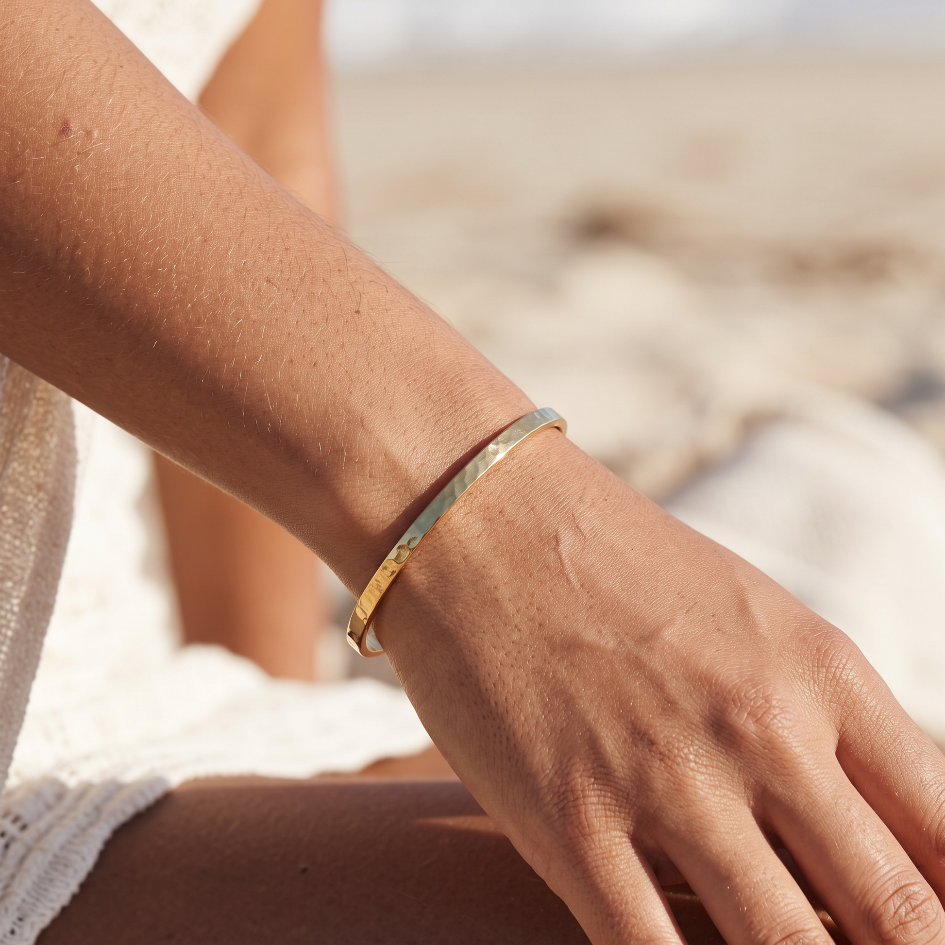 Asea Hammered Gold Cuff Bracelet — worn by model