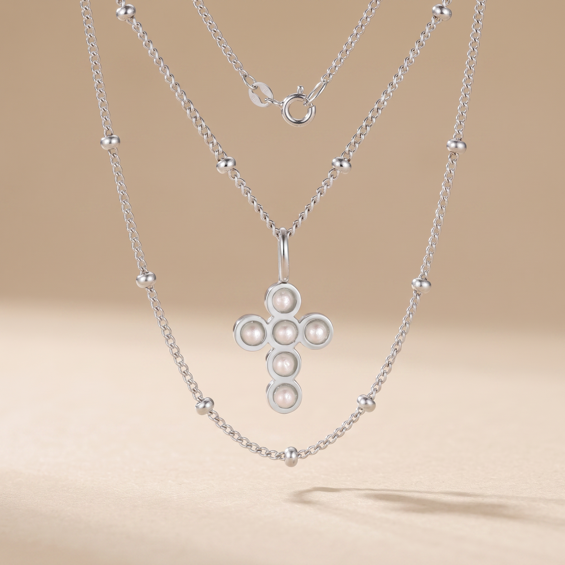 Asea Beaded Pearl Cross Necklace — Silver Color