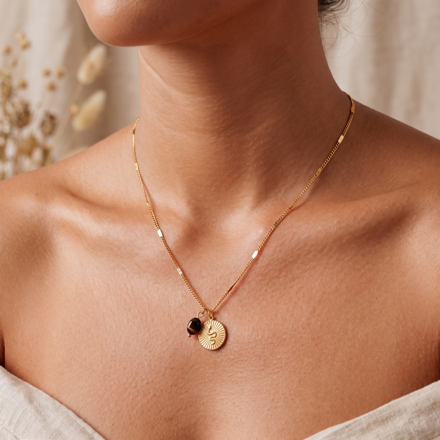 Asea Gold Snake & Tiger Eye Necklace — worn by model