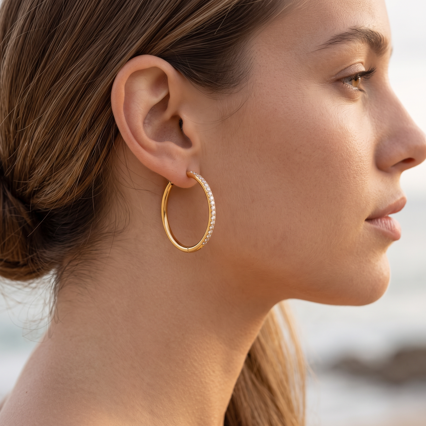 Asea Large Pavé Huggie Hoops — worn by model