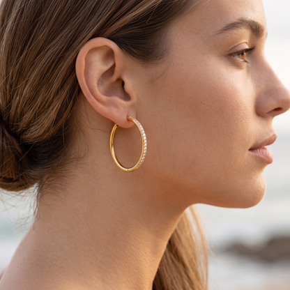 Asea Large Pavé Huggie Hoops — worn by model