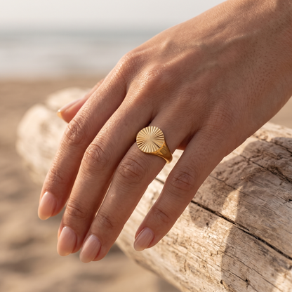 Asea Sun Motif Signet Ring — worn by model