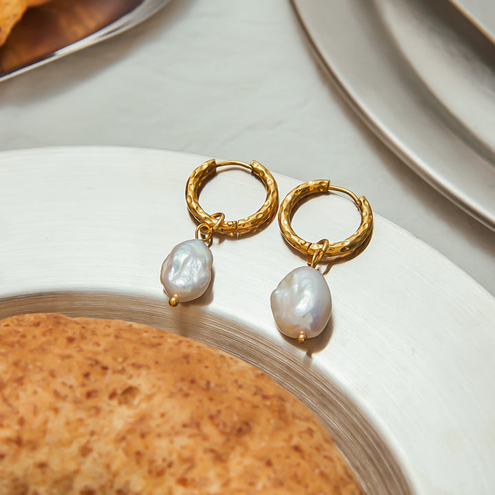 Marea Hammered Pearl Hoop Earrings