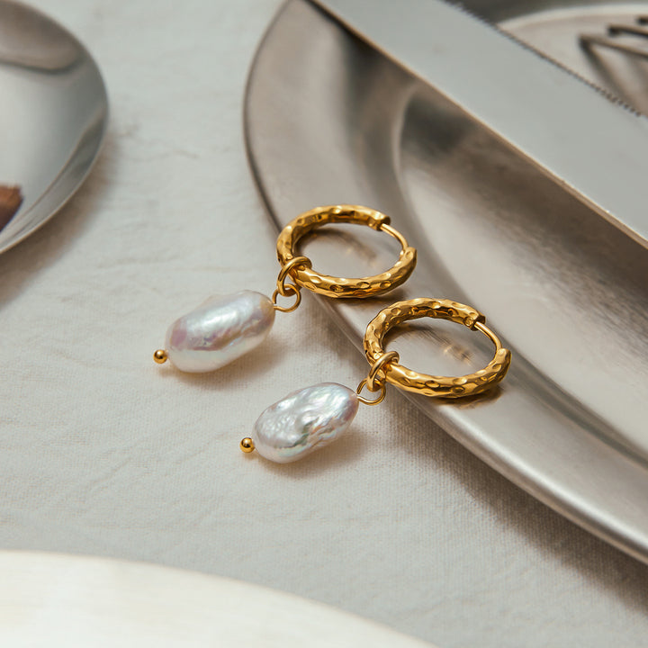 Marea Hammered Pearl Hoop Earrings