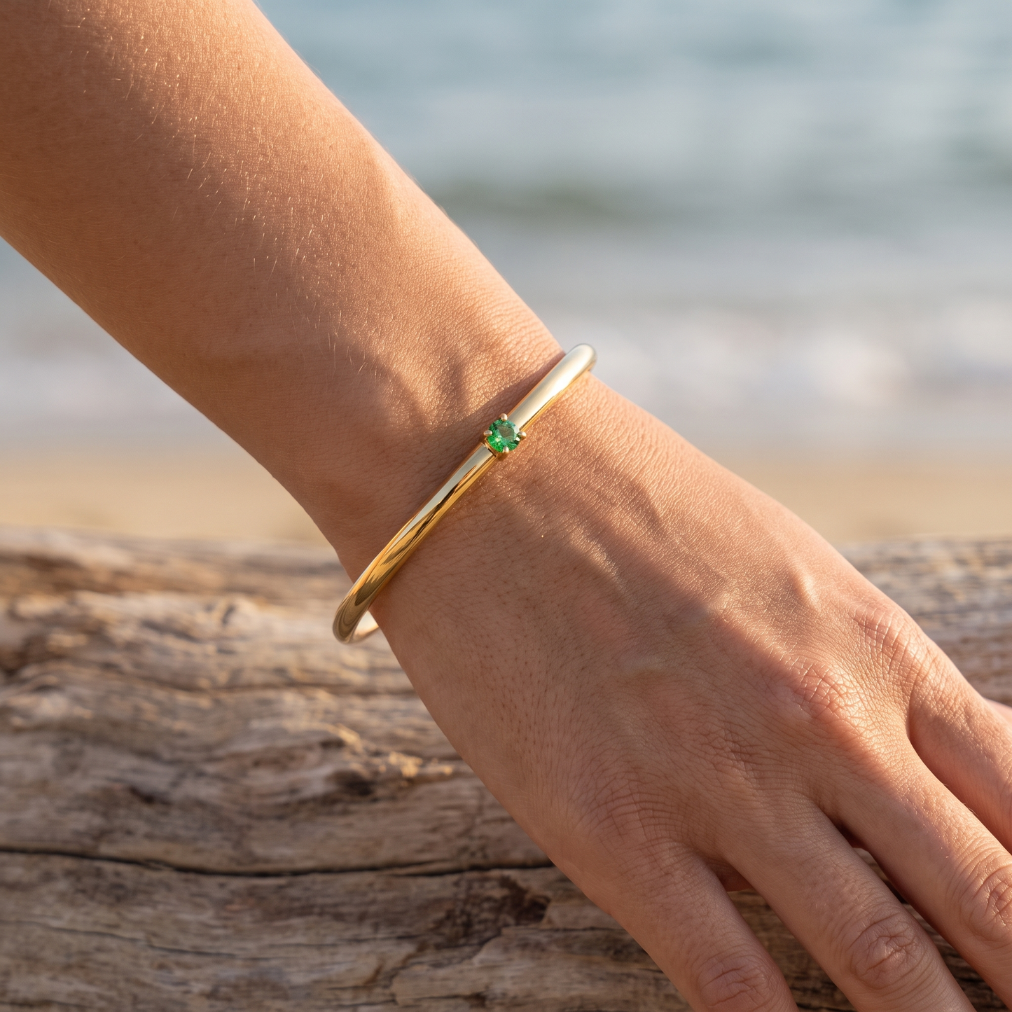 Asea Slim Emerald Stone Cuff — worn by model
