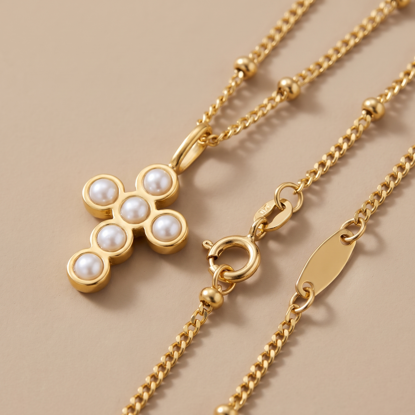 Asea Beaded Pearl Cross Necklace — close-up detail