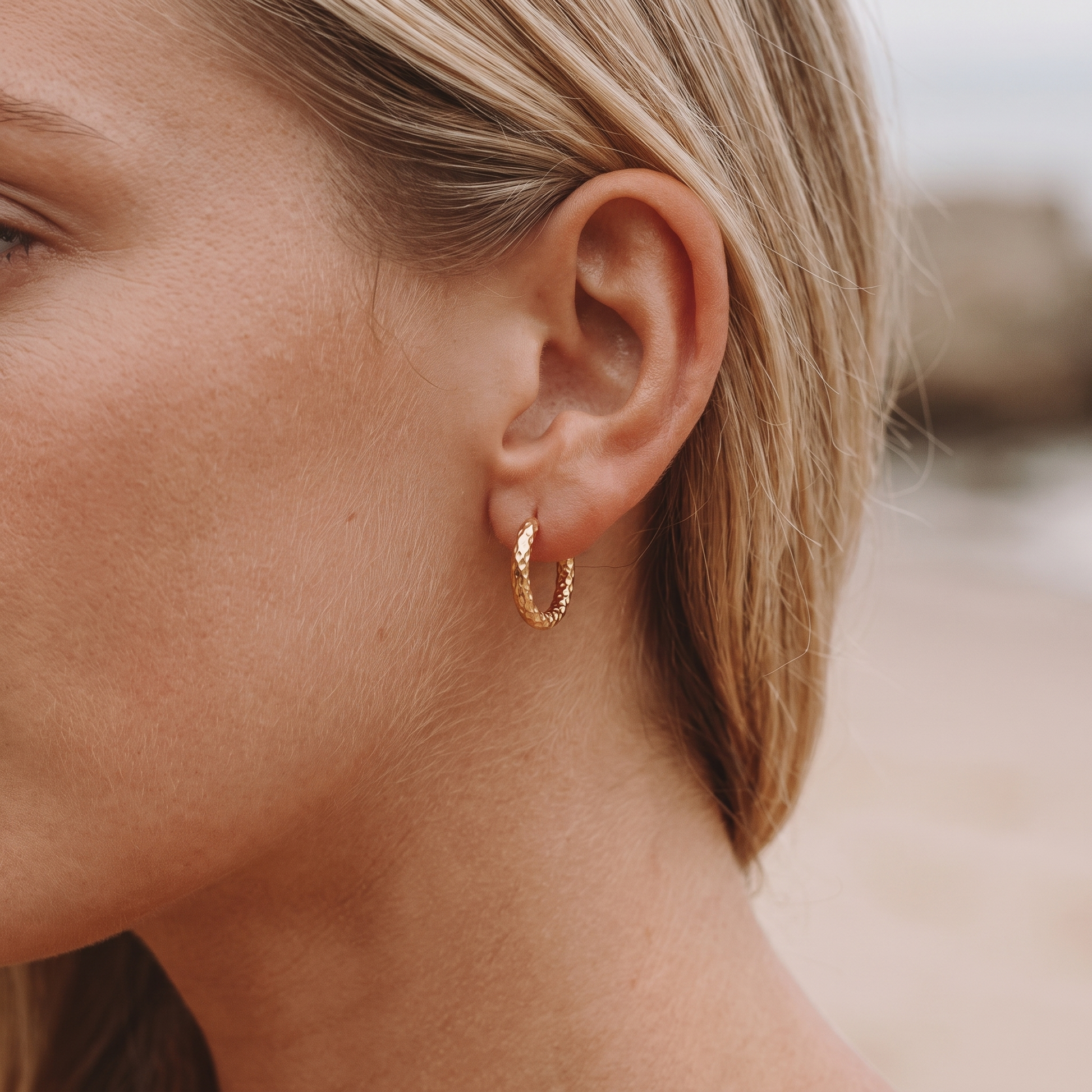 Asea Hammered Gold Hoops — worn by model