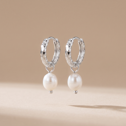 Asea Pearl & Hammered Hoop Earrings — Silver Color