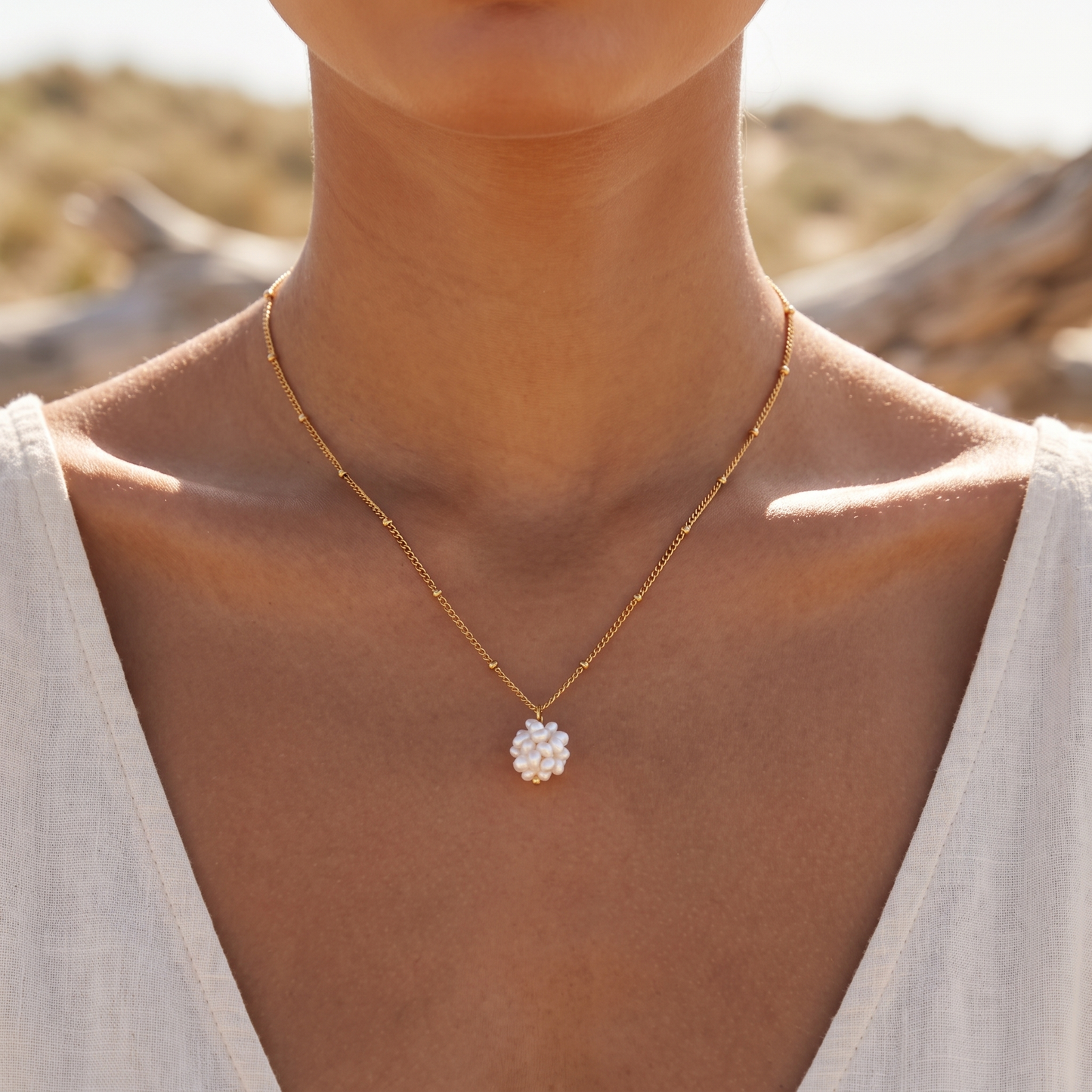 Asea Dainty Pearl Necklace — worn by model