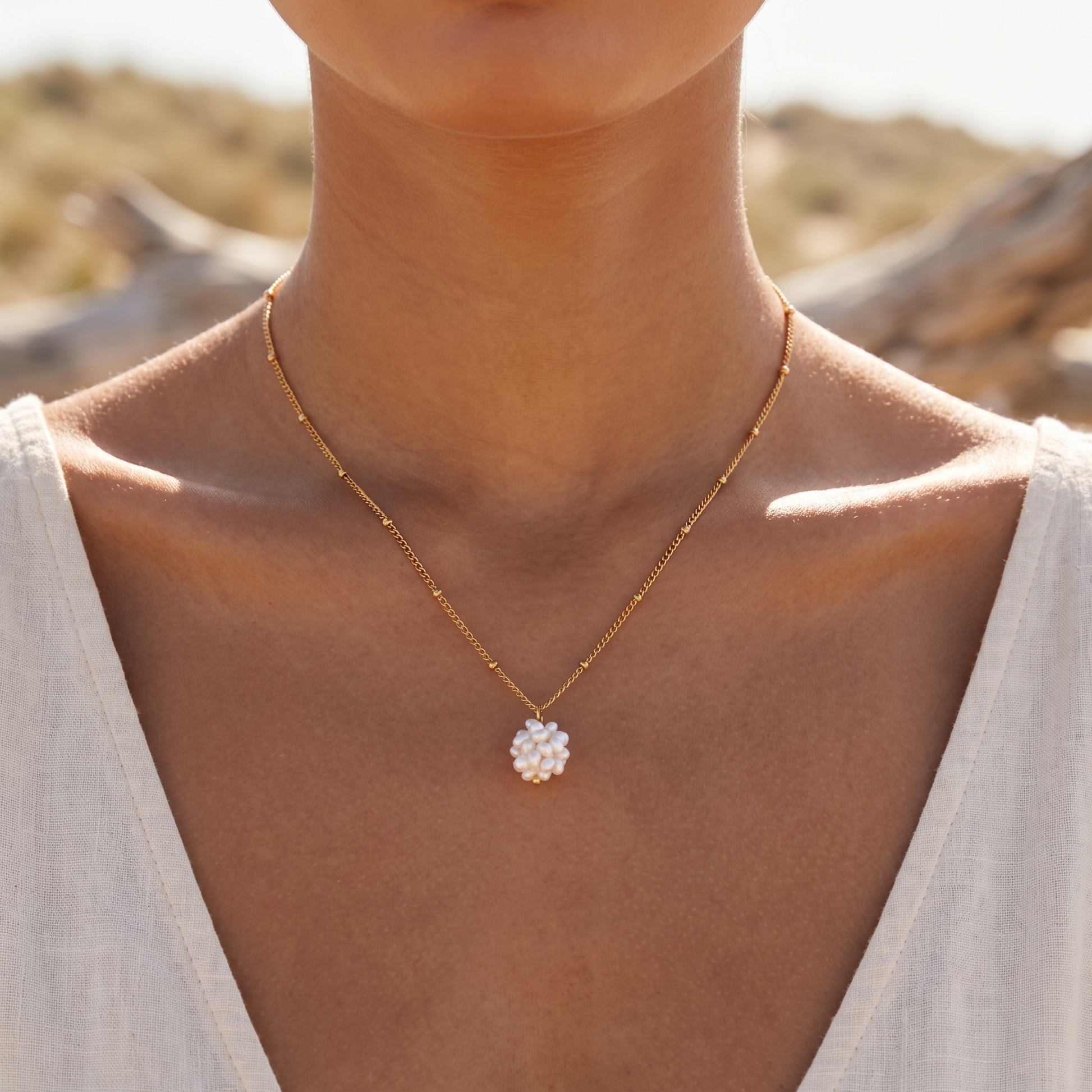 Asea Dainty Pearl Necklace — worn by model