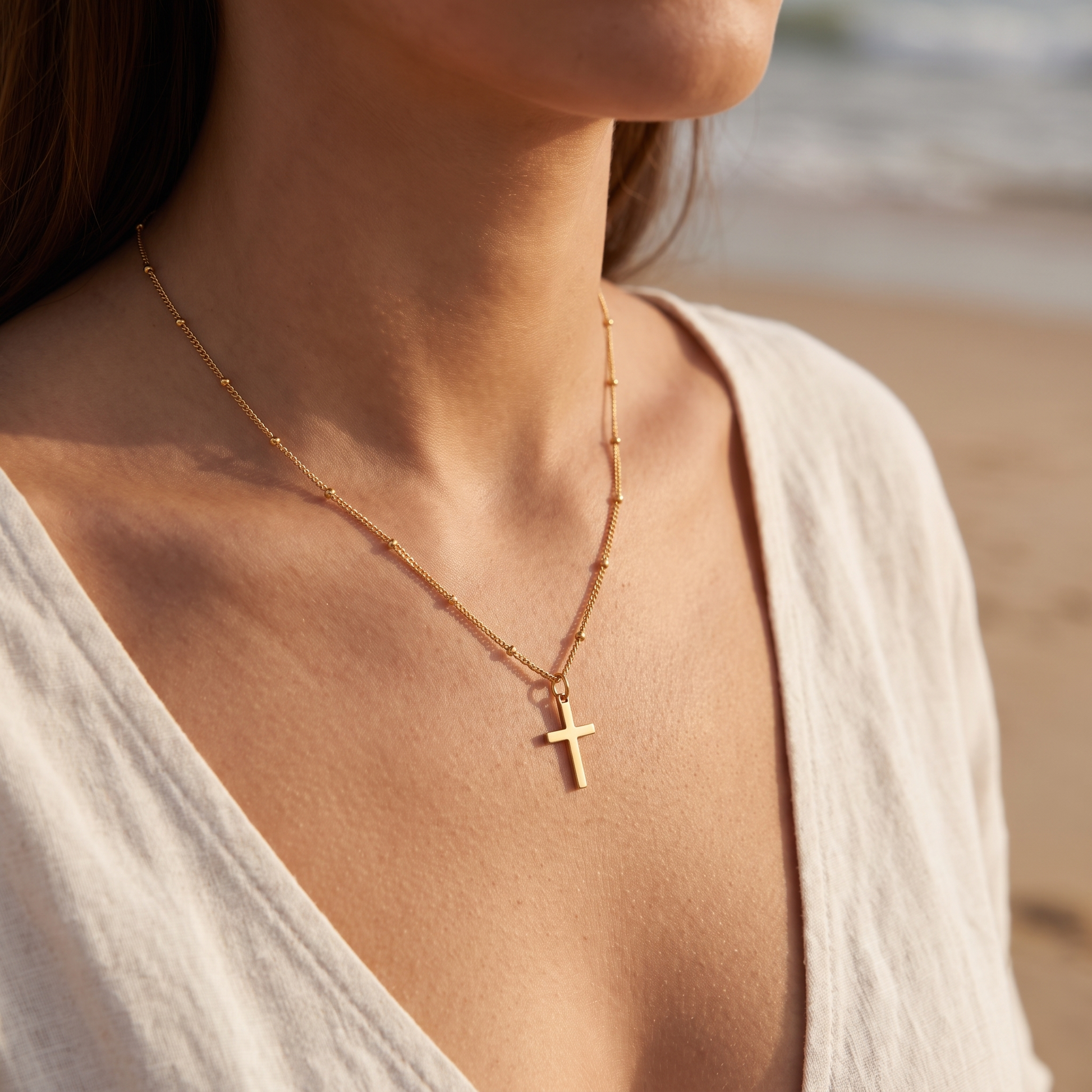 Asea Delicate Cross Pendant — worn by model