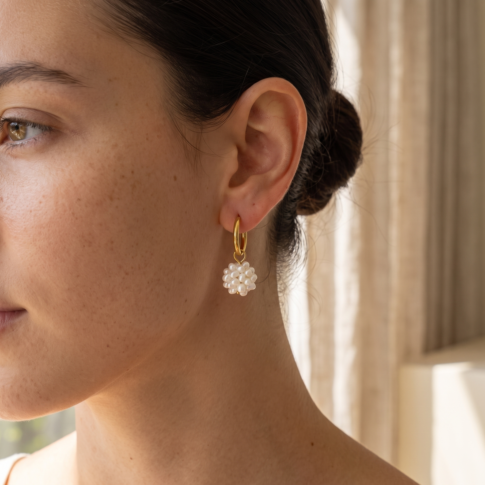 Asea Mini Pearl Hoops — worn by model
